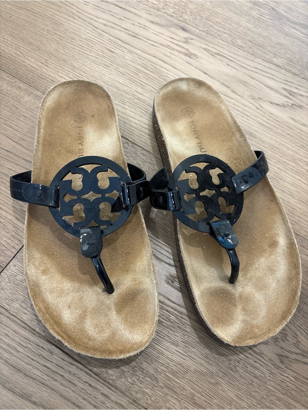 Tory Burch Miller Cloud Sandals, Perfect Black Patent Leather/ Suede Cork